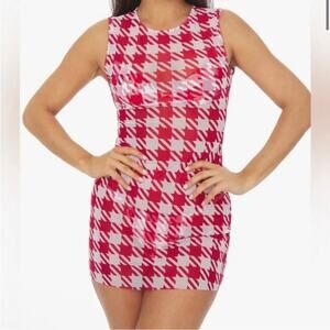 WeWoreWhat Houndstooth Knit Muscle Mini Dress Women's Large Red Swim Cover